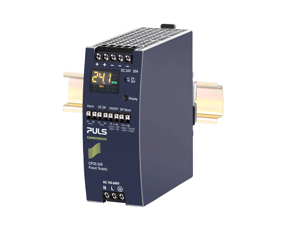 DIN rail power supply with integrated monitoring display.