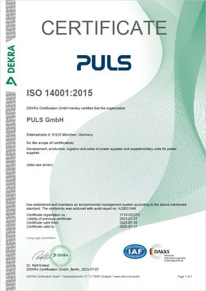 PULS ISO 14001 certificate