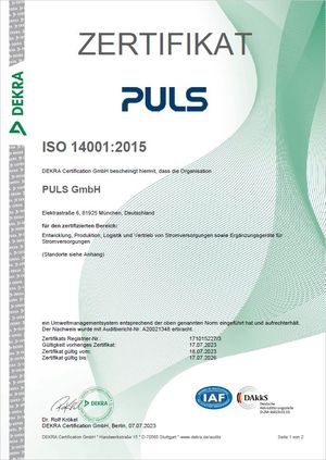 PULS Umweltmanagement ISO 14001 Zertifikat